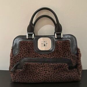 RARE LONGCHAMP BLACK LEATHER LUXE ANIMAL PRINT FUR SATCHEL IN BROWN/BLACK